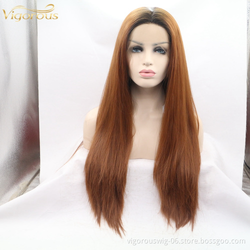 Silky Straight Wave Pre Plucked Ombre Brown Women Premium High Quality Suppier Heat Resistant Synthetic Wig 13x3 Lace Frontal